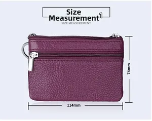 Detailed size chart for purple leather mini coin purse showing 114mm by 74mm dimensions