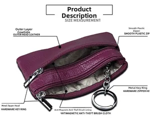 Interior detail of a purple leather wallet showing RFID blocking lining and metal key ring
