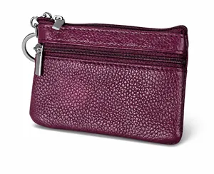 Front view of purple lychee pattern leather wallet with double zipper and metal ring