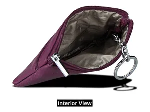 Detailed interior view of purple leather coin purse with metal keychain and zipper