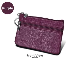 Macro detail of purple pebbled leather coin purse with silver zippers and key ring attachment