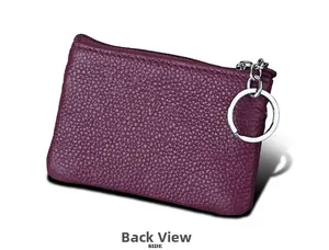 Back view of magenta lychee grain leather coin purse with RFID protection and key ring