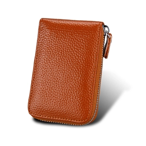Brown litchi leather zipper card wallet with multi-slot accordion design on white background