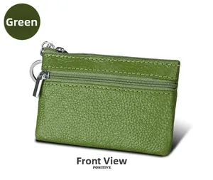 Detailed view of green genuine leather mini coin purse with RFID protection and dual zippers