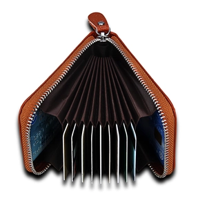 Brown leather accordion wallet with multi-card slots and silver zipper closure
