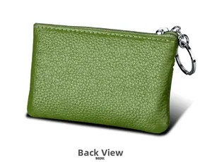 Rear view of green litchi leather mini wallet with RFID protection and metal key ring