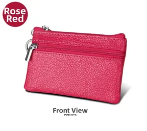 Front view of rose red litchi leather mini wallet with double zippers and metal keyring