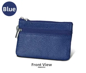 Detail of blue pebble leather wallet with dual silver zippers and RFID protection