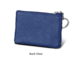 Detail view of the back side of blue pebble leather RFID wallet with metal key ring