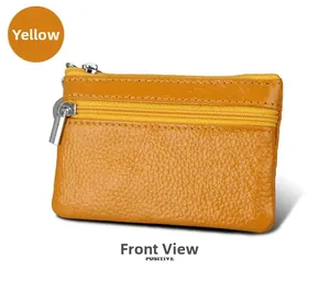 Detailed front view of a yellow lychee pattern leather mini wallet with double zippers