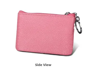 Back view of pink lychee pattern genuine leather coin purse with silver key ring