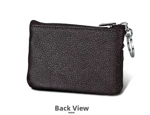 Detail view of dark brown pebbled leather coin pouch with silver zipper and keychain ring