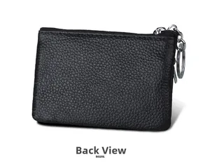 Detailed side view of black genuine leather RFID coin purse with silver zipper and keyring