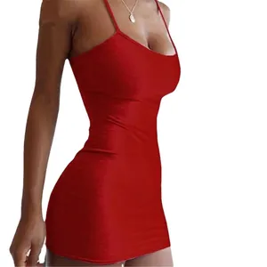 Close-up of vibrant red bodycon mini dress with stretchy knit fabric and slim straps