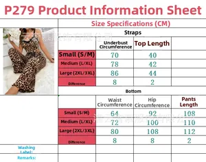 Detaillierte Größentabelle für Leoparden-Lounge-Set mit Top und weiter Hose