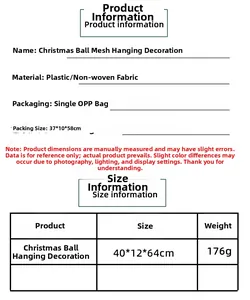 Gedetailleerde afmetingen voor de kerstkrans van gaas met ballen en gewichtsgegevens