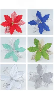Détail de fleurs de Noël artificielles à paillettes en six couleurs variées