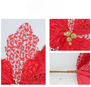 Détail de fleur de Noël rouge pailletée avec feuilles évidées et étamines dorées