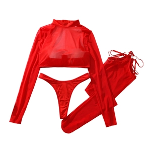 Three-piece red sheer mesh lingerie set with long sleeve crop top and matching stockings