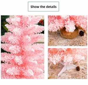 Detailed view of pink flocked Christmas tree with snow effect and burlap base decoration