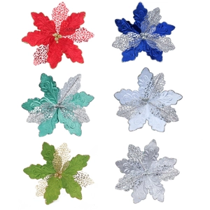 Fleurs de Noël artificielles à paillettes en six couleurs assorties pour décoration DIY
