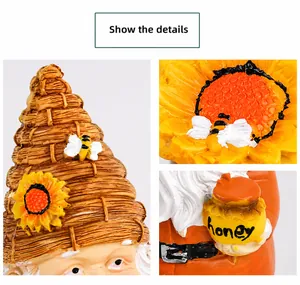 Detail of garden gnome with sunflower hat, honey jar, and hand-painted resin textures