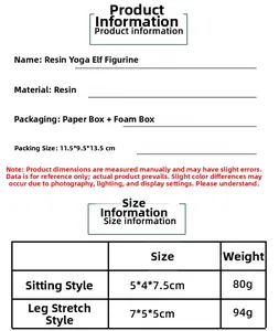 Size chart detail for resin yoga gnome figurines with material and weight specifications
