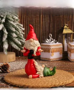 Detailed view of stacked Christmas gnomes figurines in a cozy festive holiday setting