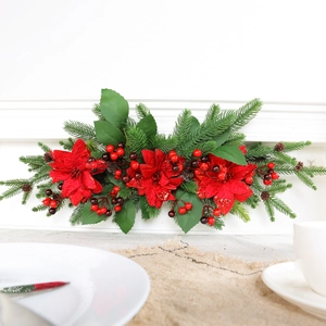 Artificial Christmas Poinsettia Swag Centerpiece With Pine Needles Berries Pine Cones For Table Mantle Fireplace Festive Home Decor