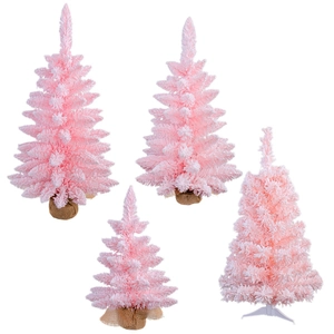 Pink flocked mini Christmas trees set with snow effect and burlap base for decor