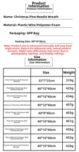 Detailed size chart for Christmas pine needle wreaths with dimensions and weights