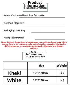 Detailed size specifications for burlap Christmas bows with dimensions and material info