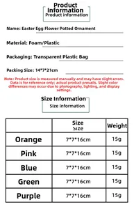 Detailed size chart for Easter egg flower pots showing dimensions and material specs