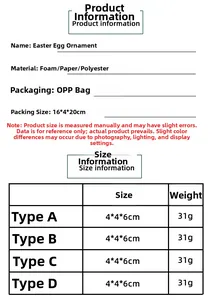 Spécifications de taille et matériaux pour les ornements d'œufs de Pâques
