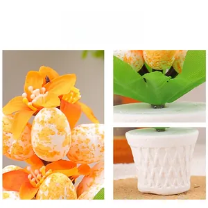 Detailed view of speckled foam Easter eggs and orange faux flowers in a woven pot