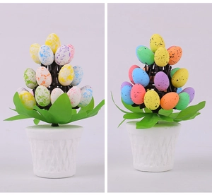 Close-up of Easter egg bonsai with colorful spotted eggs and woven texture white pot