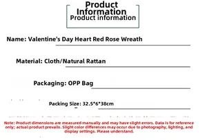 Detailed technical specifications for red heart rose wreath with material and size info