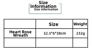 Detailed size specifications for heart rose wreath measuring 32.5x6x38cm and 232g