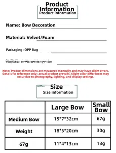 Detailed size chart for red velvet Lunar New Year bow decorations in three sizes