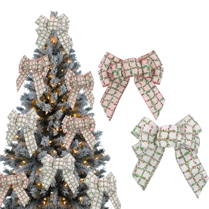 Christmas Burlap Decorative Bows Pine Needle Berry Print Festive Tree Topper Wreath Hanging Ornament Holiday Party Home Decor