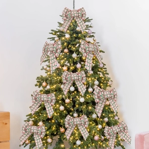 Plaid Christmas burlap bows in pink and green for festive tree decoration and DIY party ornaments