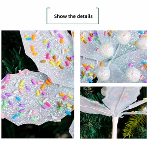 Detail of light blue glitter Christmas leaf with colorful sprinkles on green branches