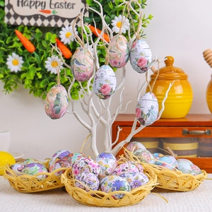 Œufs de Pâques Ornements Suspendus Mousse Papier Vintage Floral Lapin Papillon Motif Avec Panier Tissé DIY Décoration Maison Fête