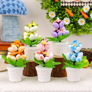 Artificial Easter Egg Flower Potted Ornament Spotted Eggs White Woven Pot Desktop Decorative Home Festive Party Display