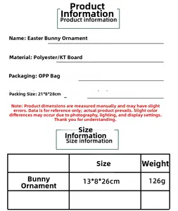 Size chart for Easter rabbit desktop decoration showing dimensions 13x8x26cm and materials