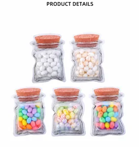 Detail of five Mason jar-shaped pouches filled with colorful Easter foam eggs