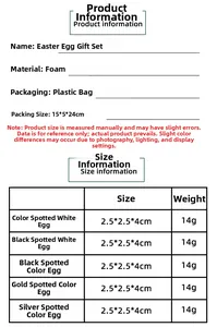 Tableau des tailles et spécifications détaillées pour pack d'œufs de Pâques en mousse