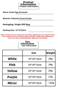 Size chart for Easter egg ornaments showing dimensions and weights for various woven styles