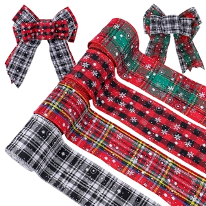 Ruban de Noël à carreaux avec flocons pour emballage cadeau et décoration de sapin