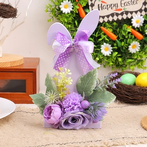 Easter Bunny Figurine Rabbit Silhouette Wooden Ornament With Purple Artificial Flowers And Polka Dot Bow Spring Desktop Decor